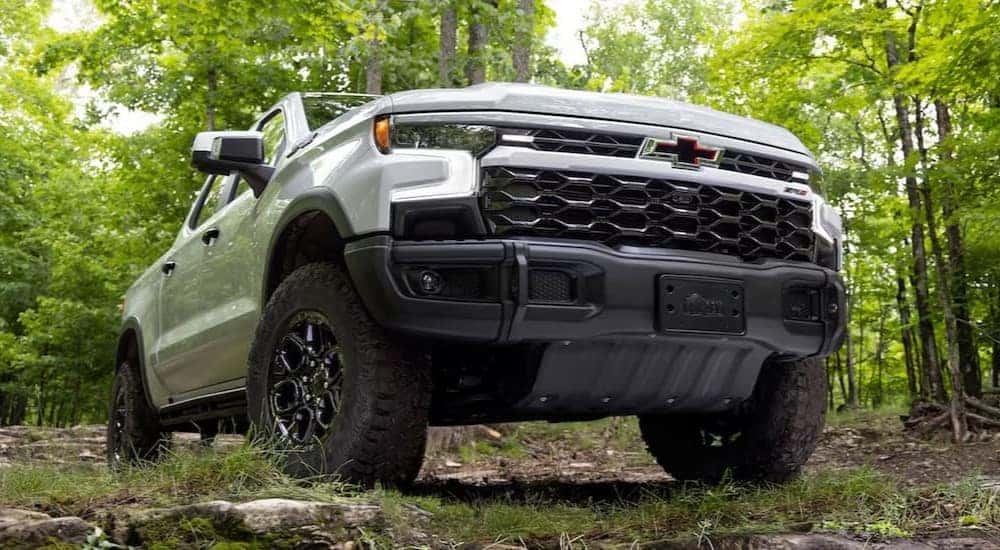A white 2024 Chevy Silverado 1500 ZR2 Bison is shown parked near trees.