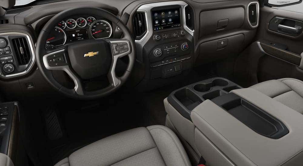 The grey interior of a 2020 Chevy Silverado 1500 LT is shown.