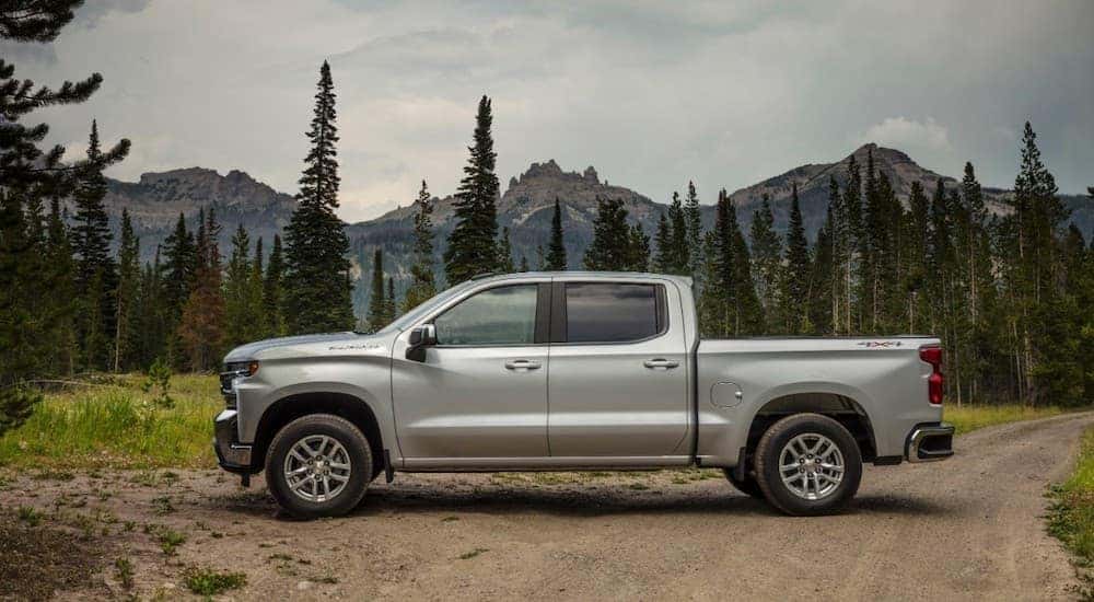 A silver 2020 Chevy Silverado 1500 LT is shown from the side parked in front of pine trees and mountains.