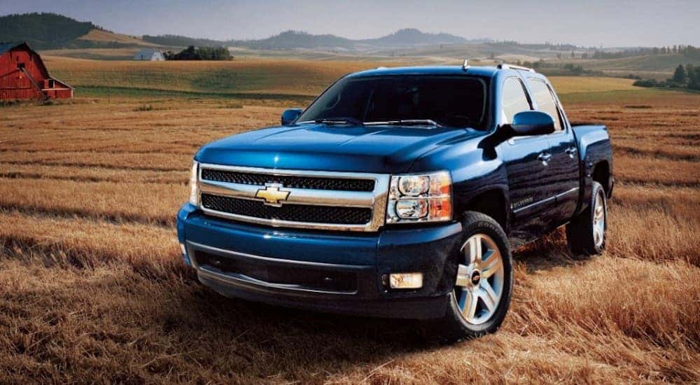 A blue 2007 Chevy Silverado 1500 is parked in a field in Lexington, KY.
