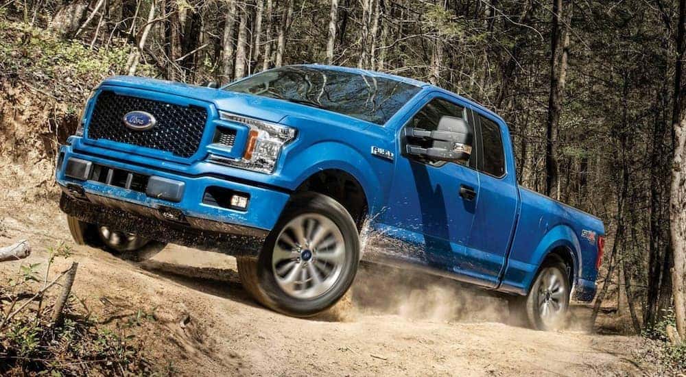 A blue 2019 Ford F-150 is shown off-roading in a dirt field after leaving a used auto dealer in Lexington.