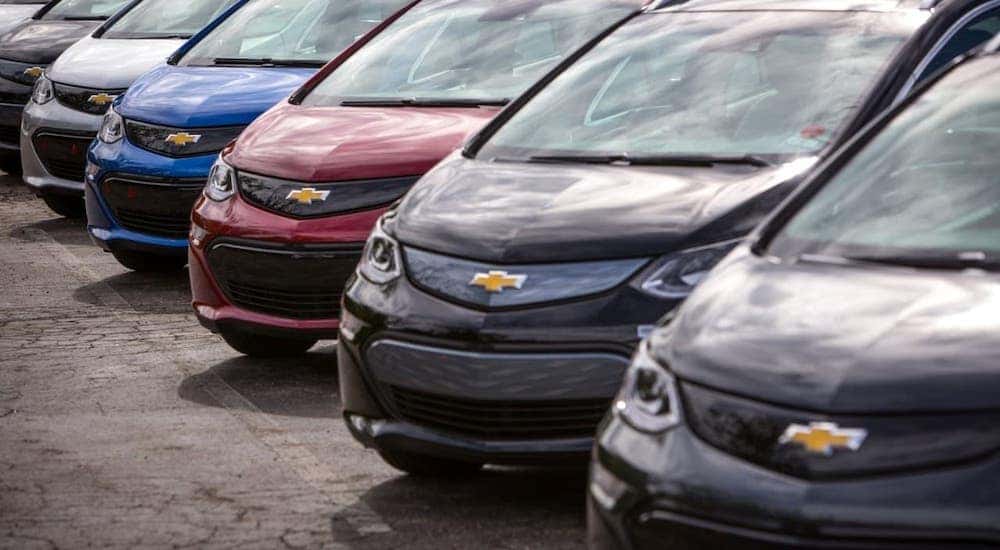 A row of used Chevy EVs, all Chevy Bolts, are parked in a line.