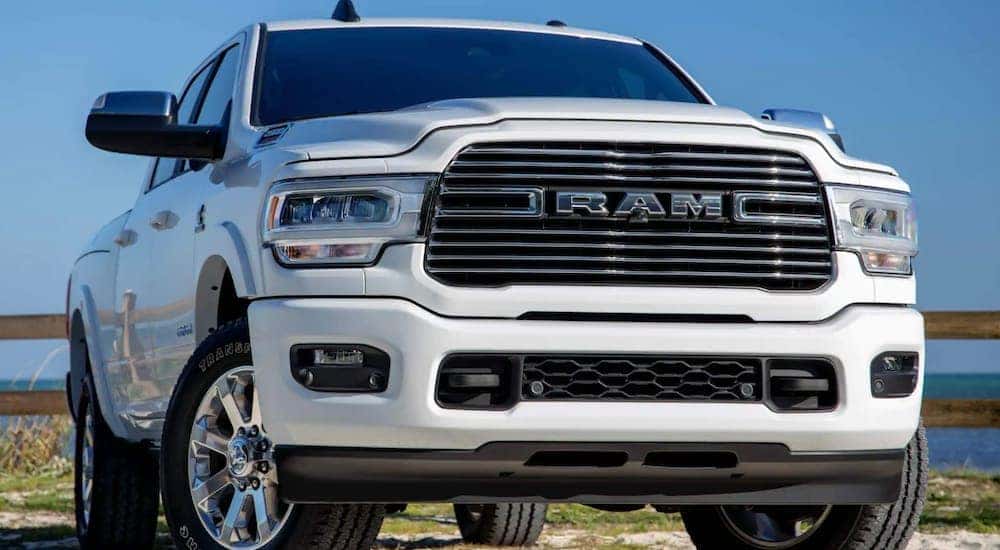 A white 2020 Ram 2500 is parked outside after leaving a used truck dealer in Kentucky.